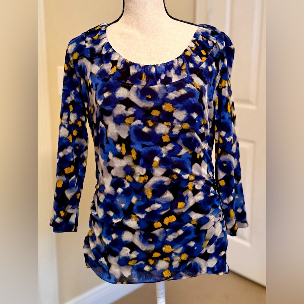 Alfani Blue, White & Gold Abstract Scoop-Neck Long Sleeve Top, PM